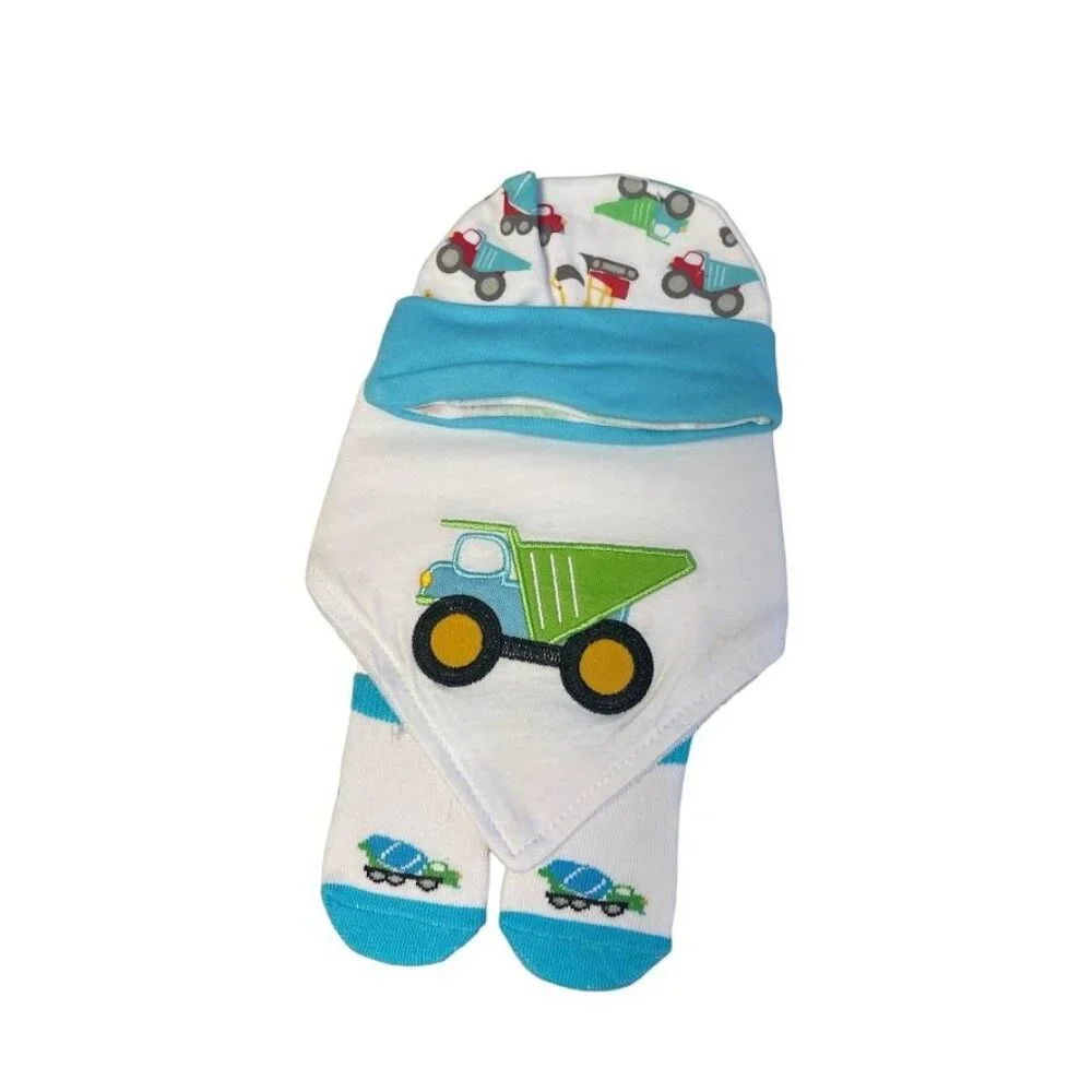 Baby Mode Construction Trucks Beanie, Bib and Socks Set, 3 Pieces - 0-6 Mos